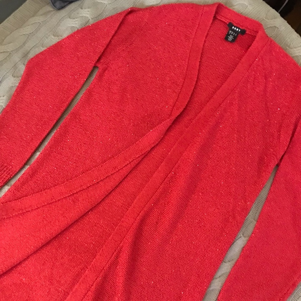 DKNY Red knit shimmer sweater / cardigan